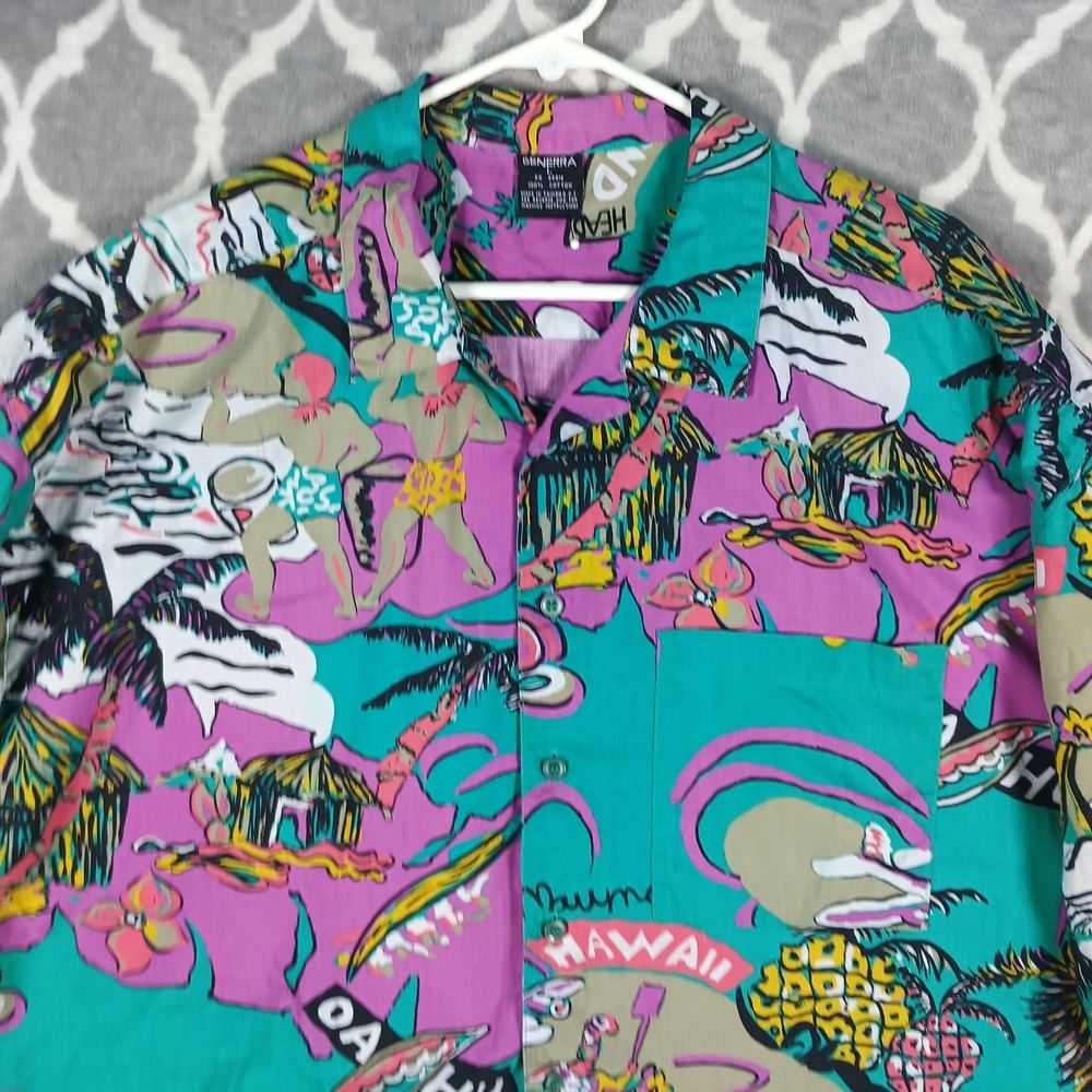 VTG 80s Hawaiian Shirt Mens Large Green Purple Novelty Print Cotton Generra